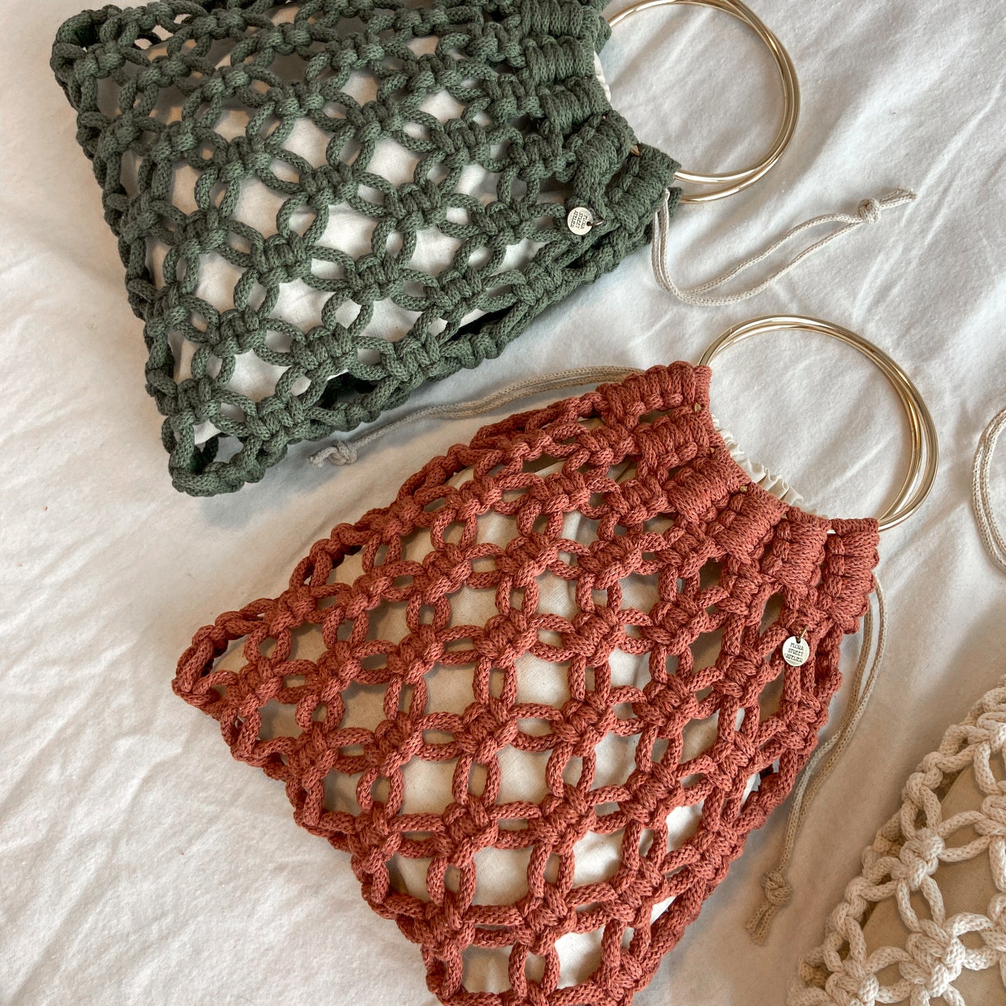 "Marina" Macrame net bag with golden ring handles