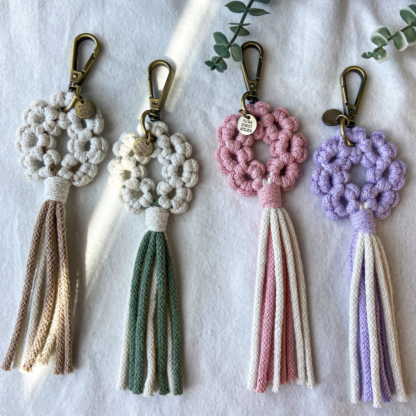 Flora Street Atelier Handmade Macrame Keychain "Boho Bouquet" Macrame Key Ring | Bag Charm