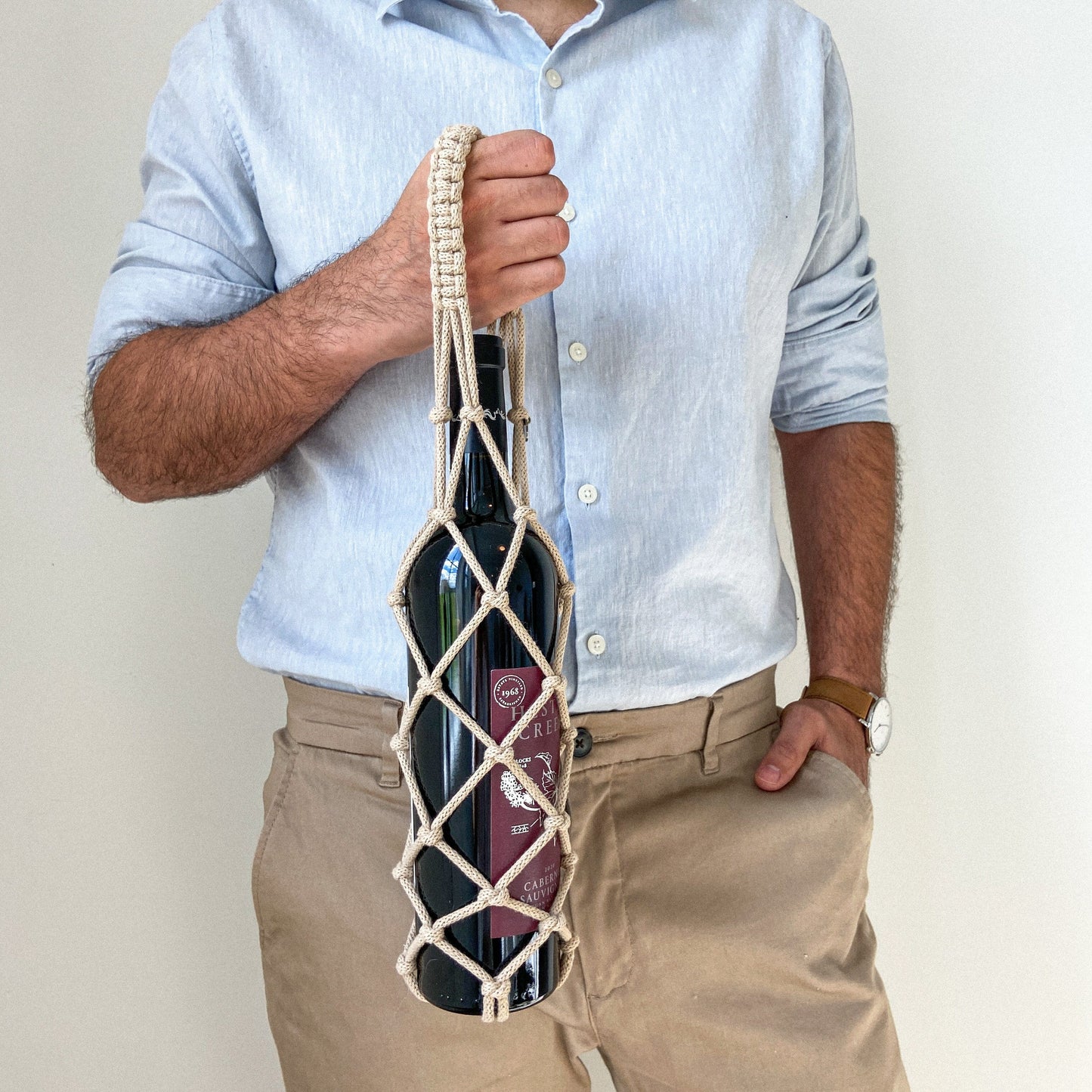 Flora Street Atelier Handmade Macrame Wine Carrier "De Vino" Macrame Wine Tote | Bottle Carrier