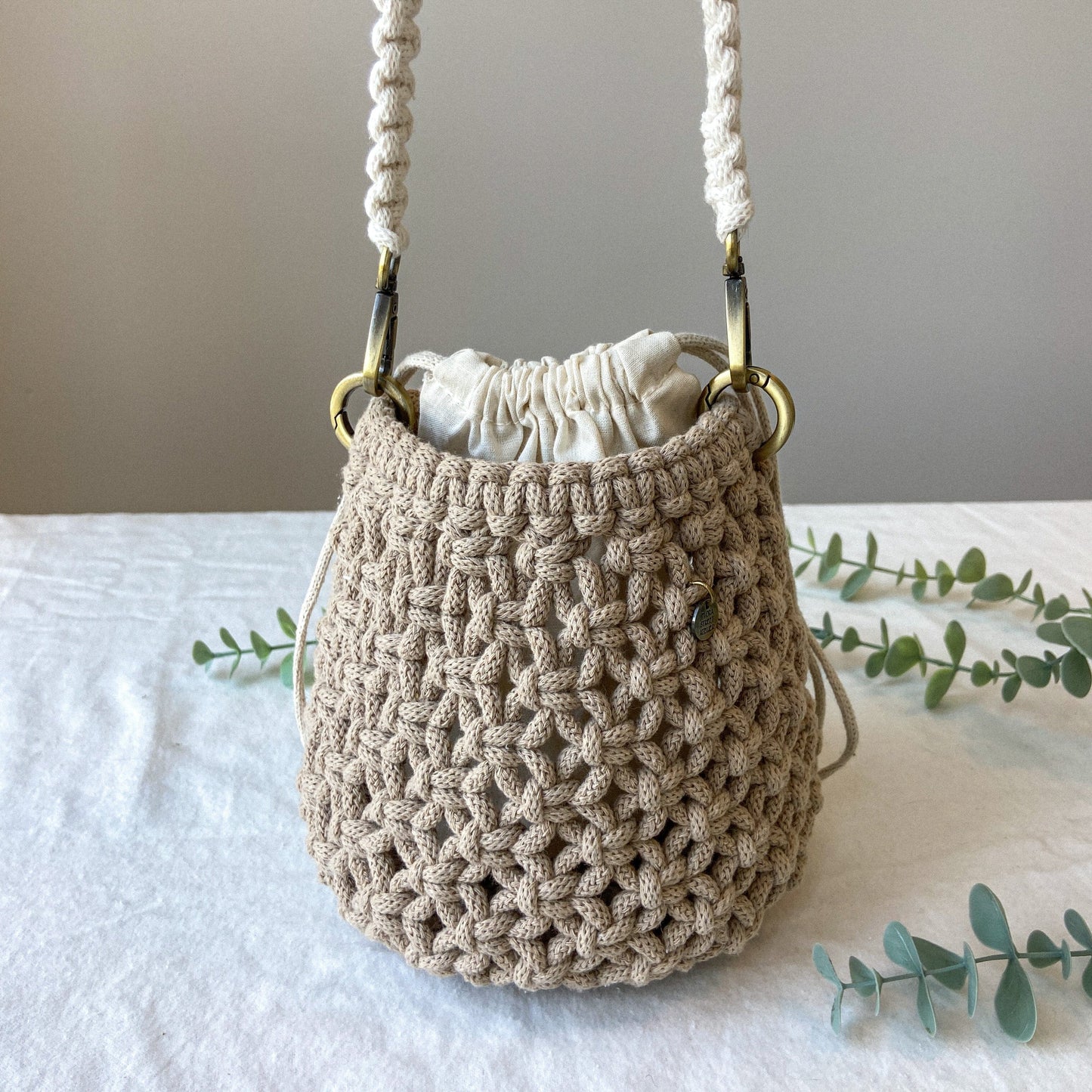 Flora Street Atelier Handmade Macrame Bag "Oak Barrel" Macrame Basket Bag with a Shoulder Strap