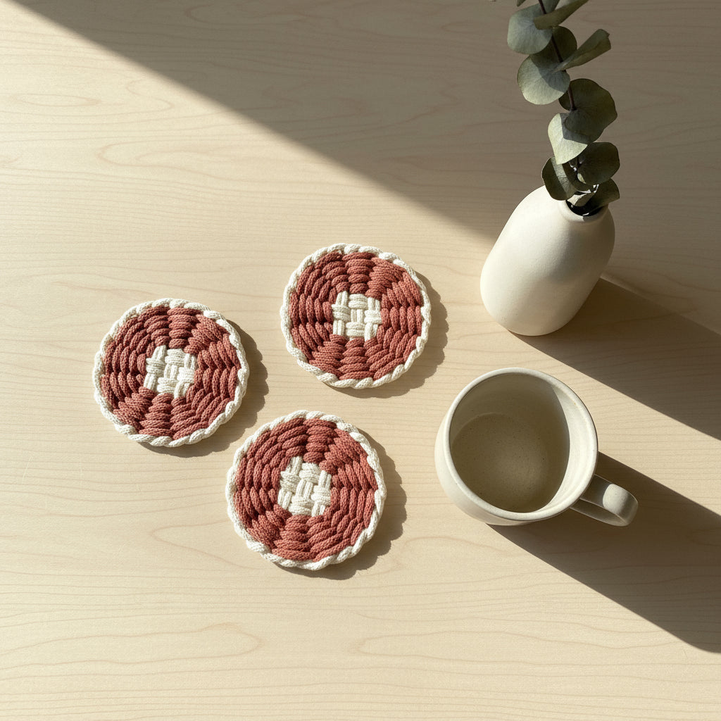 Handwoven macrame coasters and a ceramic cup and a candle on a wooden table