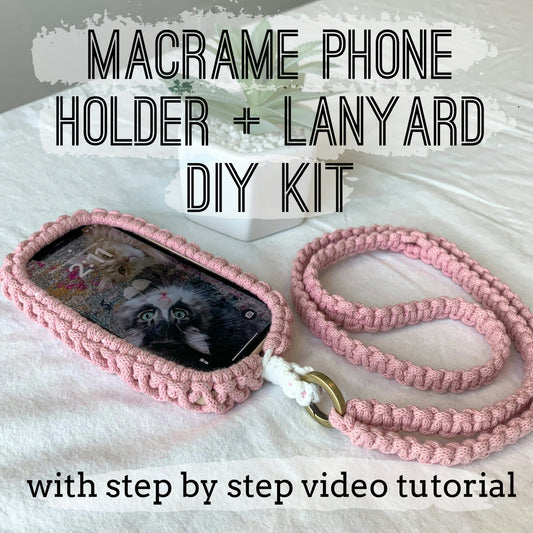 Pink macrame phone holder and lanyard on a white background with text about a DIY kit and video tutorial.