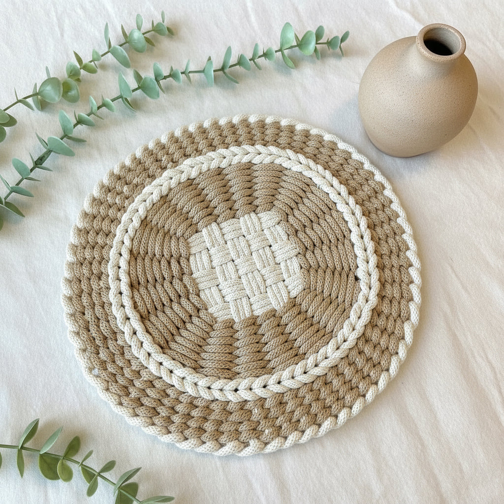 Macrame woven table mat and a vase, on a light background with greenery.