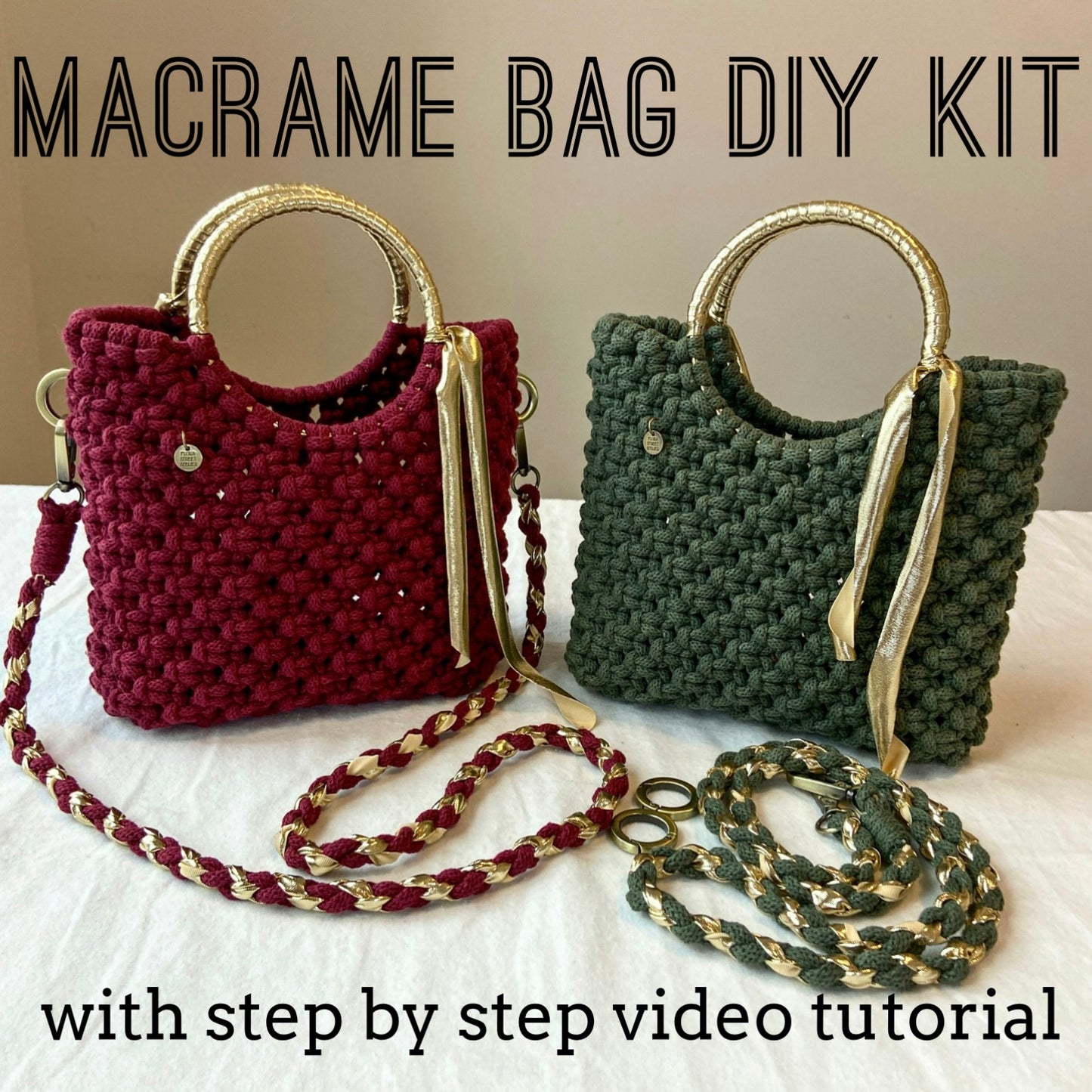 Beginner macrame bag DIY kit with recycled cotton cord and golden hardware, by Flora Street Atelier, crafted in Canada with recycled cotton
