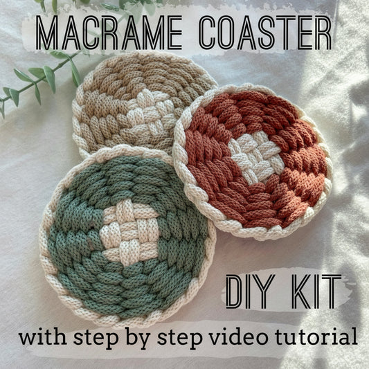 Beginner handwoven macrame coaster DIY kit with recycled cotton cord, made by Flora Street Atelier, crafted in Canada. 
