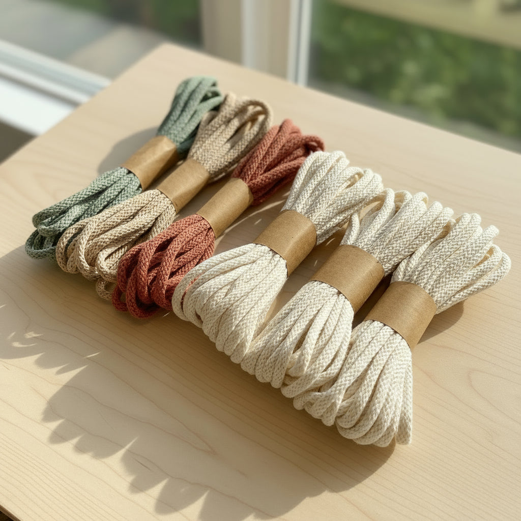 Beginner macrame coaster DIY kit with recycled braided cotton cord, made by Flora Street Atelier, crafted in Canada,
