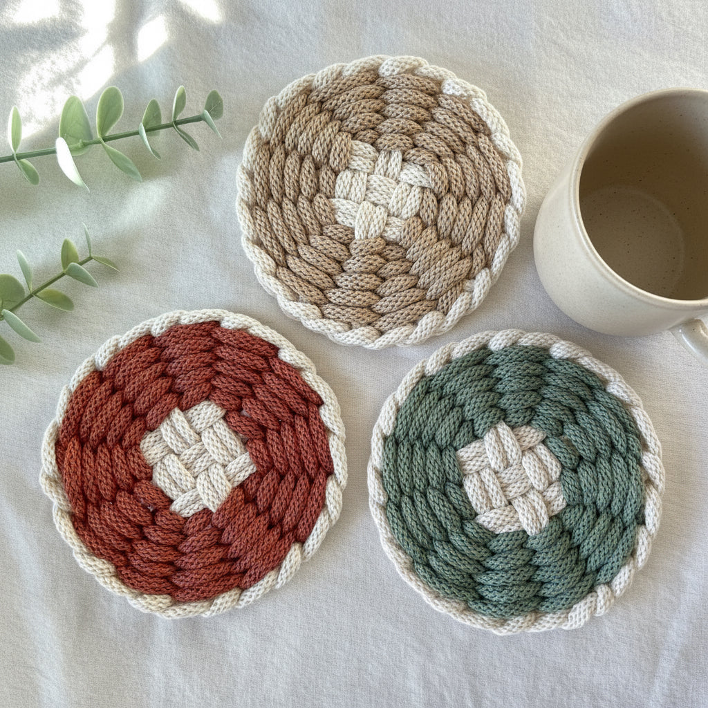 DIY macrame coasters kit with soft recycled cotton rope, handwoven beginner craft project