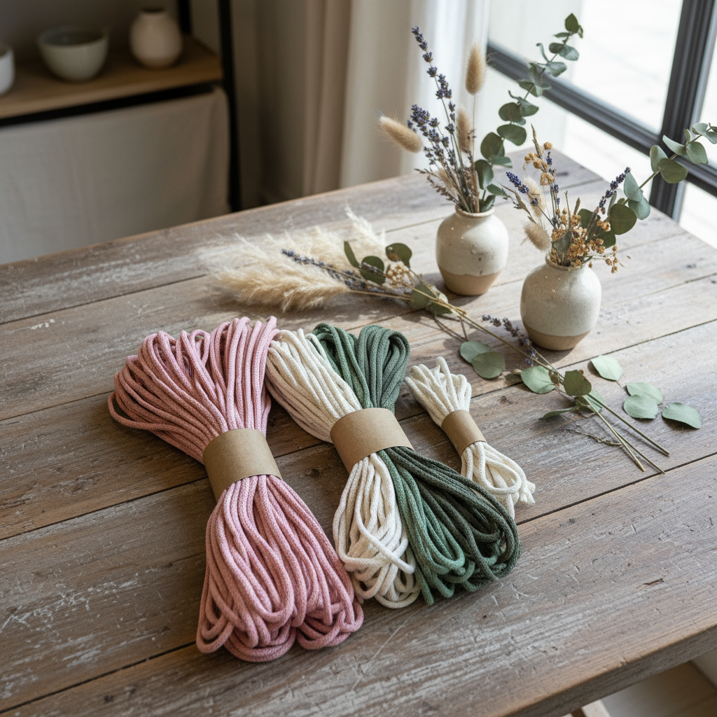 Three bundles of yarn in pink, green, and white on a wooden table with decorative vases and plants. Beginner macrame bag DIY kit with recycled cotton cord and wooden handle, handmade by Flora Street Atelier, crafted in Canada with recycled cotton.
