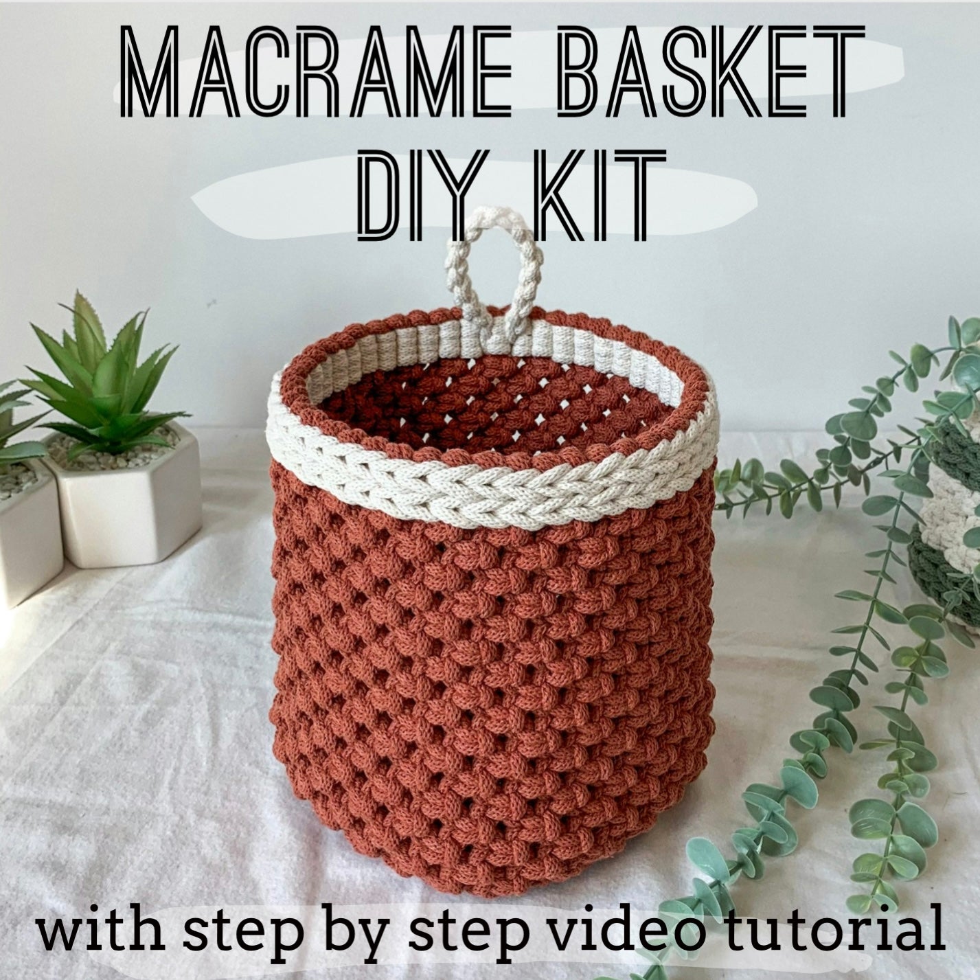 Macrame basket DIY kit with step-by-step video tutorial and premium cord on a neutral background