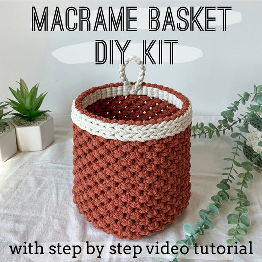 Macrame basket DIY kit with step-by-step video tutorial and premium cord on a neutral background