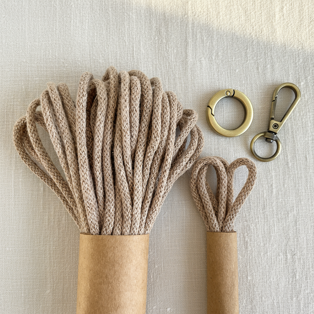 DIY macrame keychain kit made with recycled cotton rope and metal clasp, eco friendly handmade gift by flora street atelier