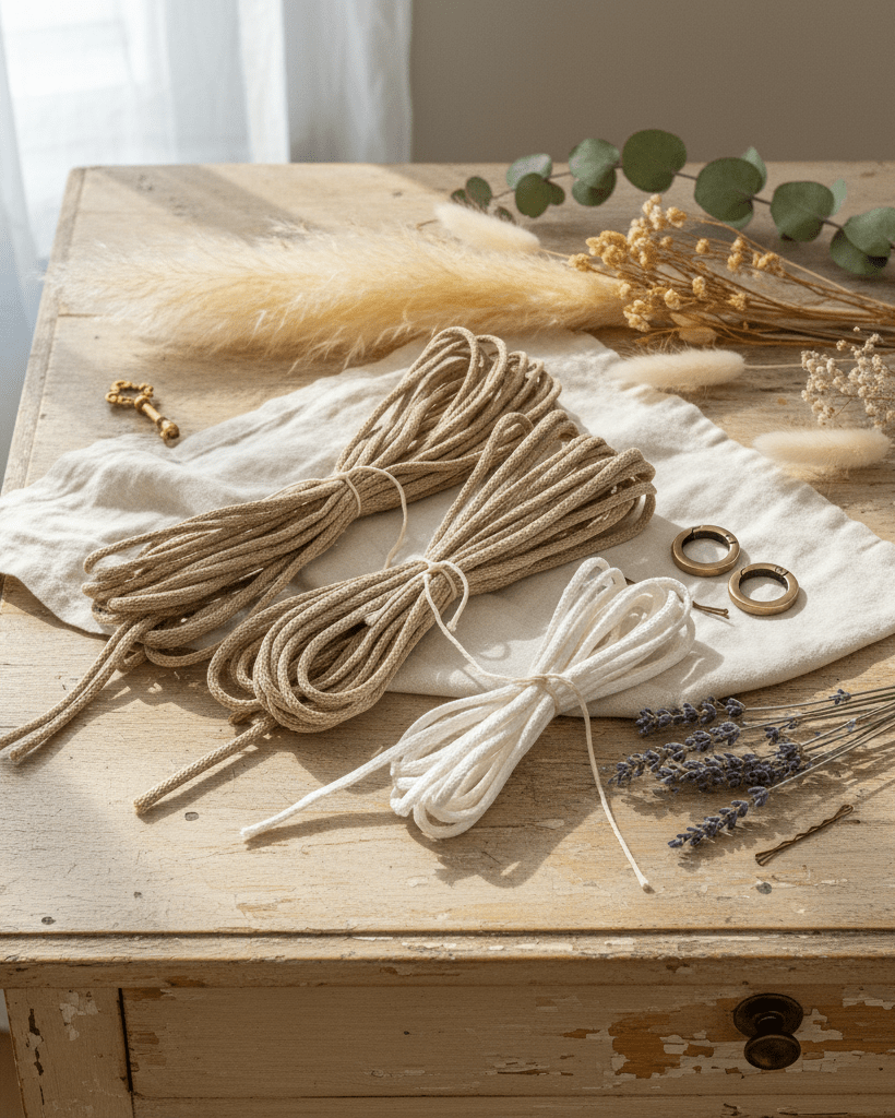 Bundles of beige and white cord on a wooden surface with dried plants and lavender. DIY macrame keychain kit made with recycled cotton rope and metal clasp, eco friendly handmade gift

