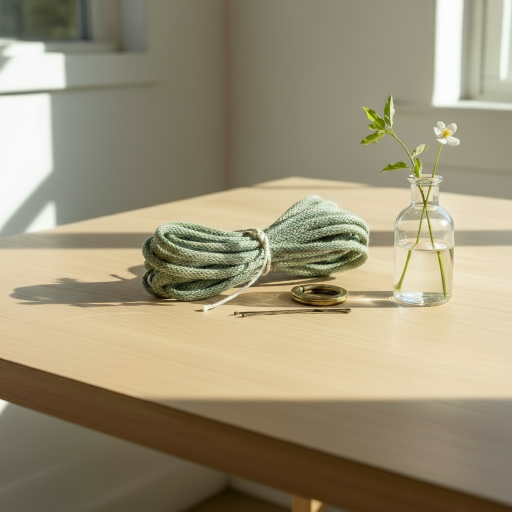 Green rope tied into a knot on a wooden table with a vase of flowers in the background.