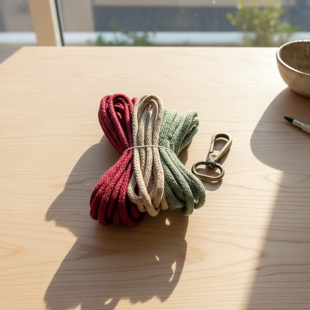 Three colored macrame cords tied together with a metal clip on a wooden surface. DIY macrame keychain kit made with recycled cotton rope and metal clasp, eco friendly handmade gift
