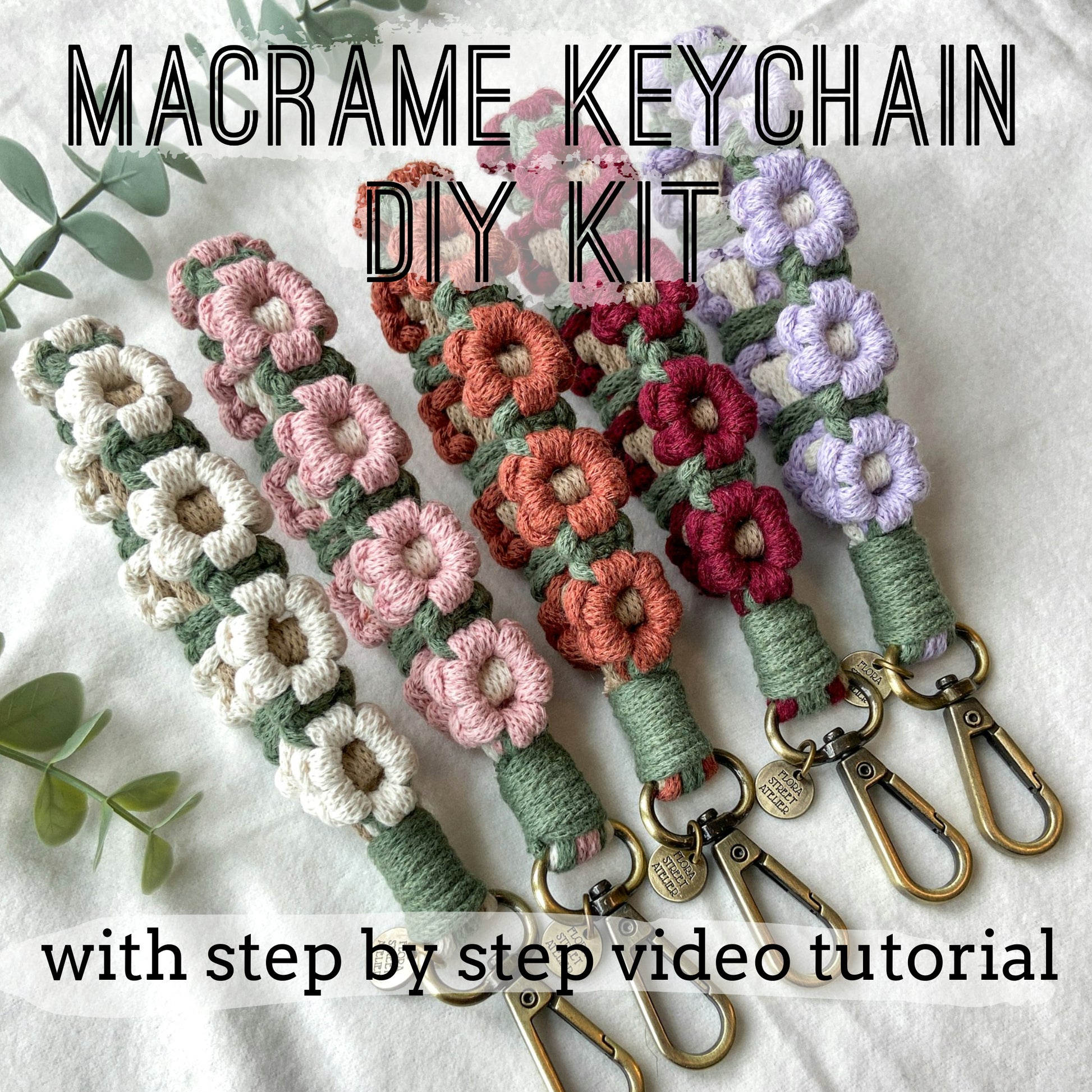 DIY macrame flower wristlet keychain kit with clasp and neutral cotton cord, easy handmade project for beginners in white, pink, brick, burgundy, lavender
