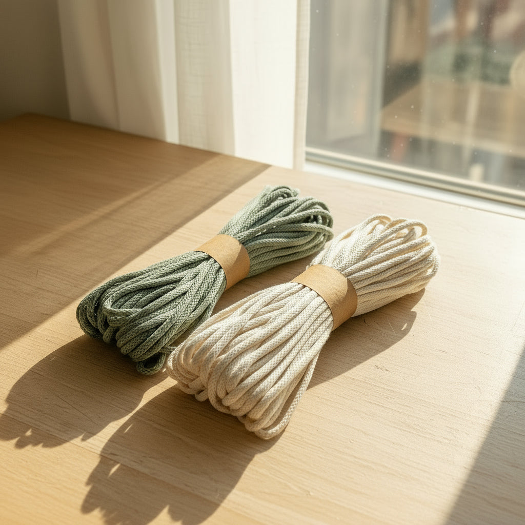 Sage and natural cords on wooden table top for macrame diy kit