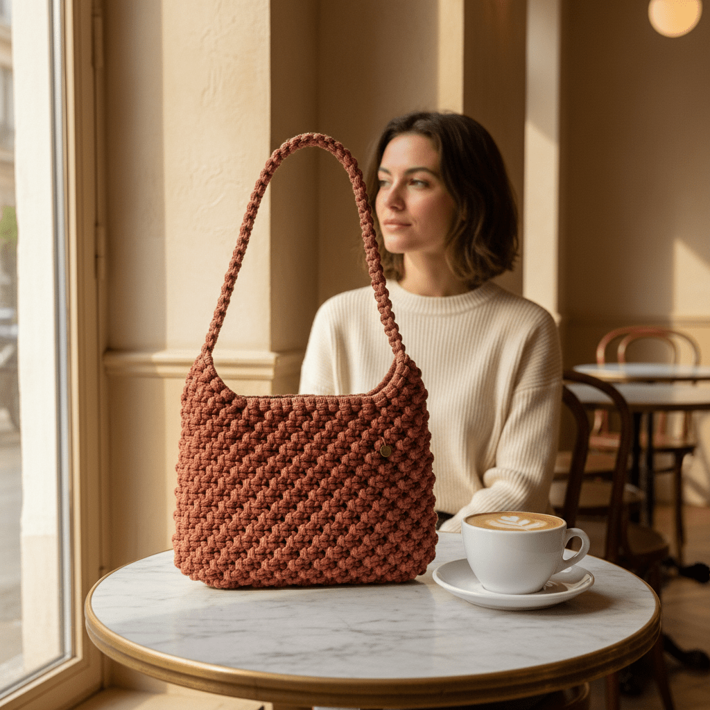 Woman sitting at a cafe table with a hand knotted hobo shoulder bag from Flora Street Atelier and a cup of coffee.
