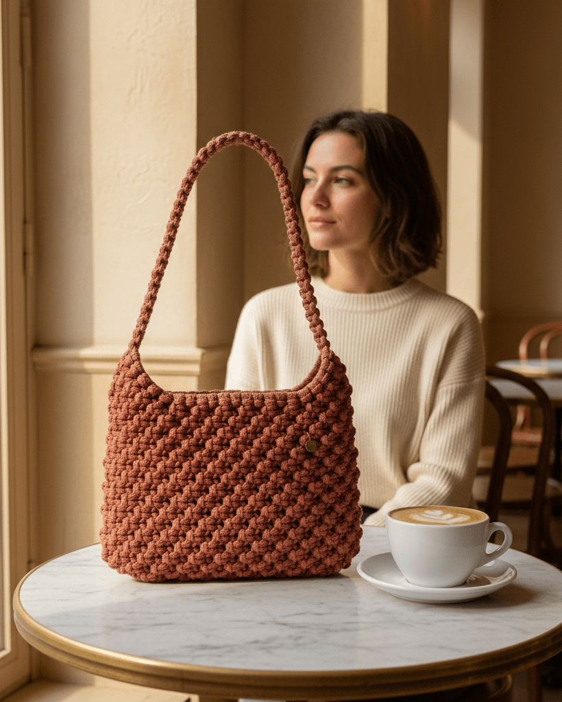 Woman sitting at a table with a woven brown hobo shoulder bag by Flora Street Atelier and a cup of coffee.