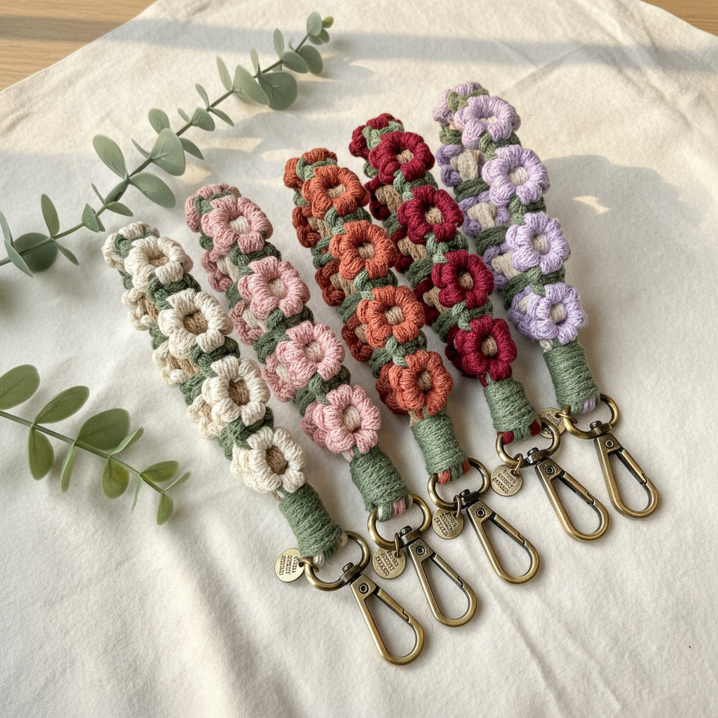 hand knotted flower wristlet keychains in white, pink, sunset, burgundy, lavender colour.