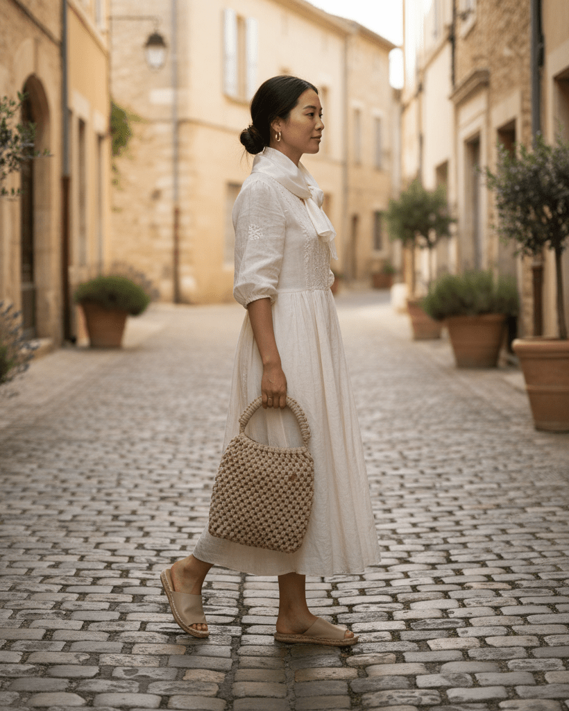 Woman in a white dress holding a handwoven macrame top handle bag made from sustainable cotton rope, boho  accessory
on a cobblestone street.