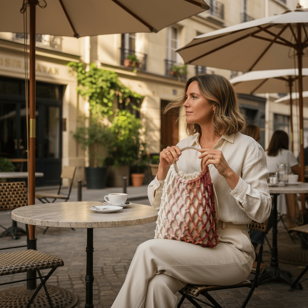 Woman enjoying coffee at an outdoor café holding a handcrafted cotton bag by Flora Street Atelier — inspired by slow living and natural simplicity.