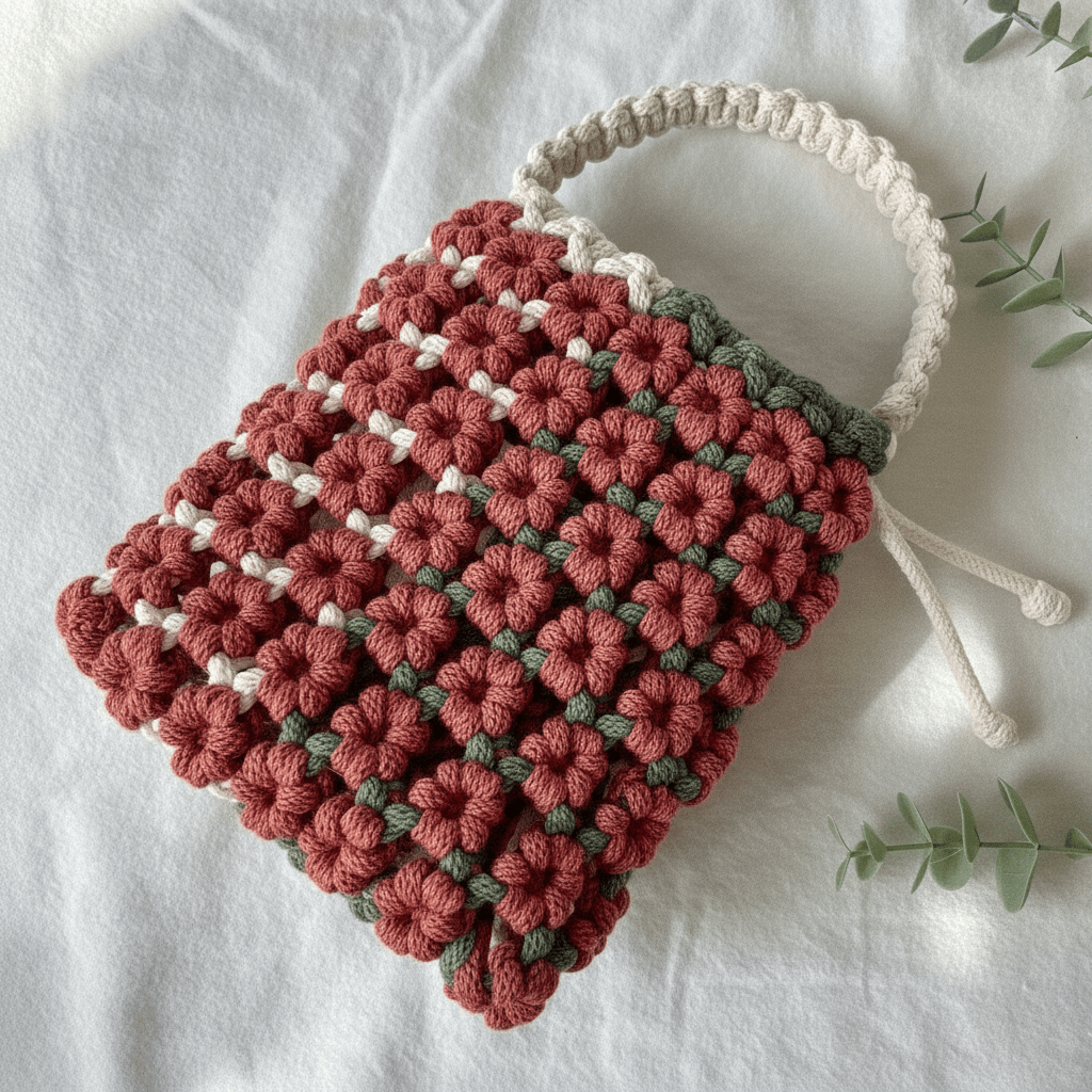 Handwoven macrame recycled cotton bag with a floral pattern on a white background