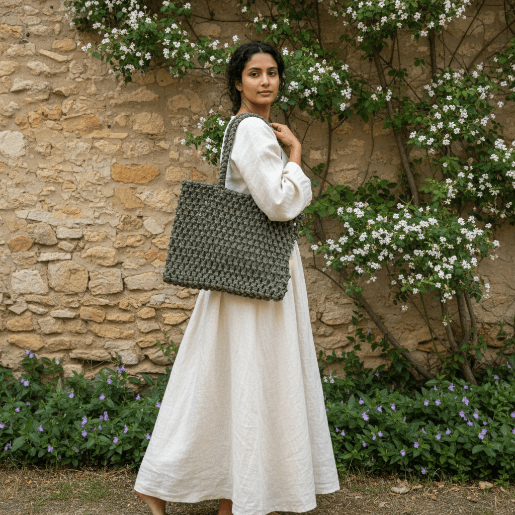 Woman holding a Large handwoven macrame tote bag made with recycled cotton cord, eco friendly slow fashion accessory
 in front of a stone wall with flowers. 