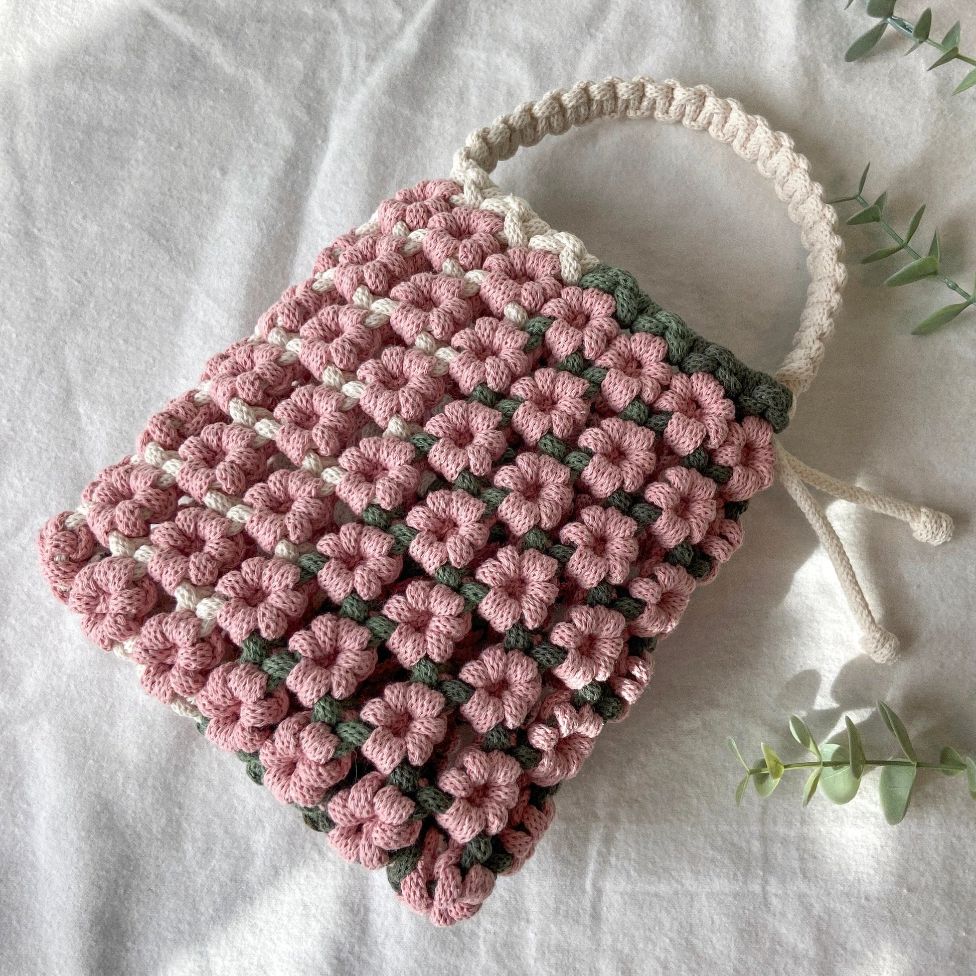 handwoven macrame floral patterned tote bag made with recycled cotton cord, eco friendly slow fashion accessory
