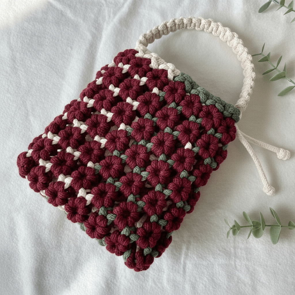 Hand knotted macrame floral bag with a pattern of red, green, and white on a white background