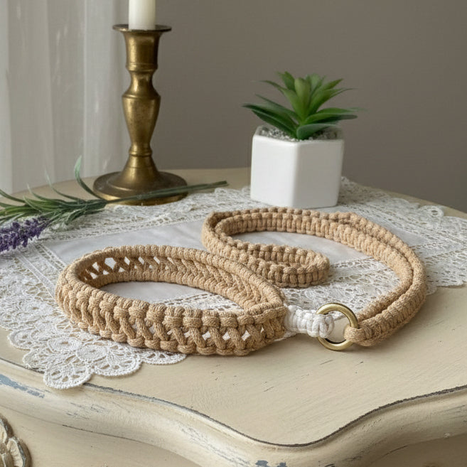 Beige braided phone holder with a gold clasp on a white surface, next to a plant.