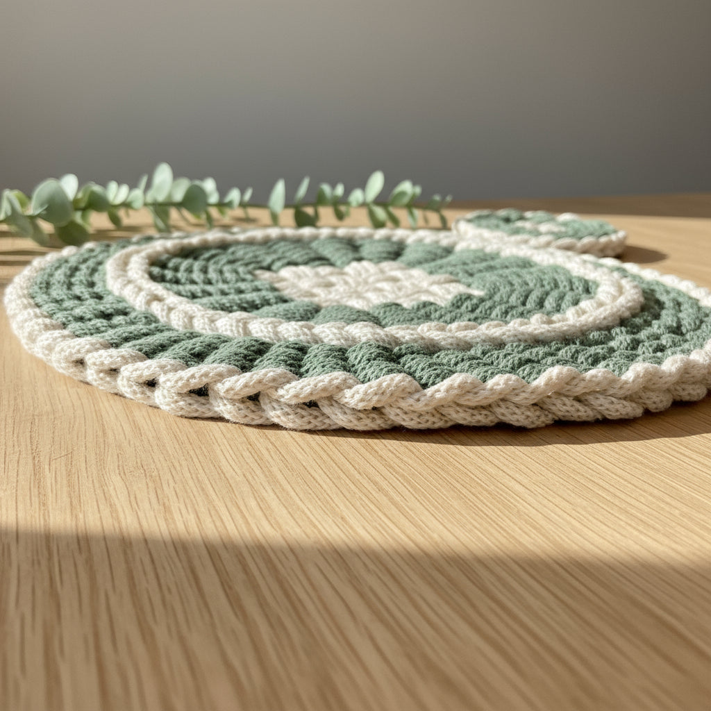 Round woven placemats in green and white on a wooden surface with eucalyptus leaves.