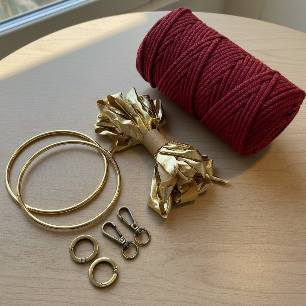 Red macrame cord and gold bag making diy hardwares by flora street atelier