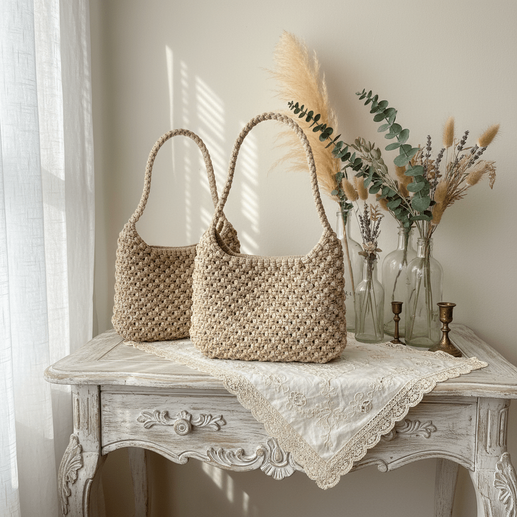 Two woven macrame hobo shoulder purses by flora street atelier on a decorative table with a vase of dried plants in the background.