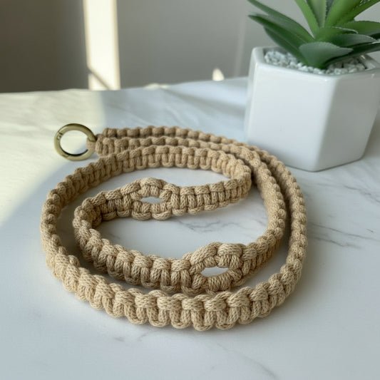Hand knotted macrame all-in-one lanyard with recycled cotton rope and metal clasp, handmade by Flora Street Atelier
