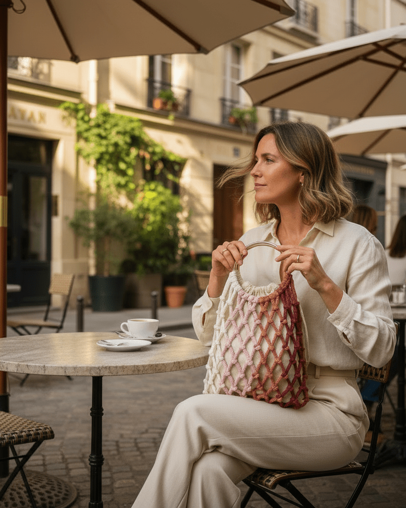Woman sitting outdoors at a cafe table holding a Sustainable handwoven macrame net bag with recycled cotton cord, perfect for market or beach days.
