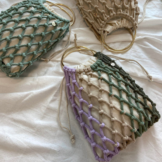 Sustainable handwoven macrame net bag with recycled cotton cord, perfect for market or beach days
