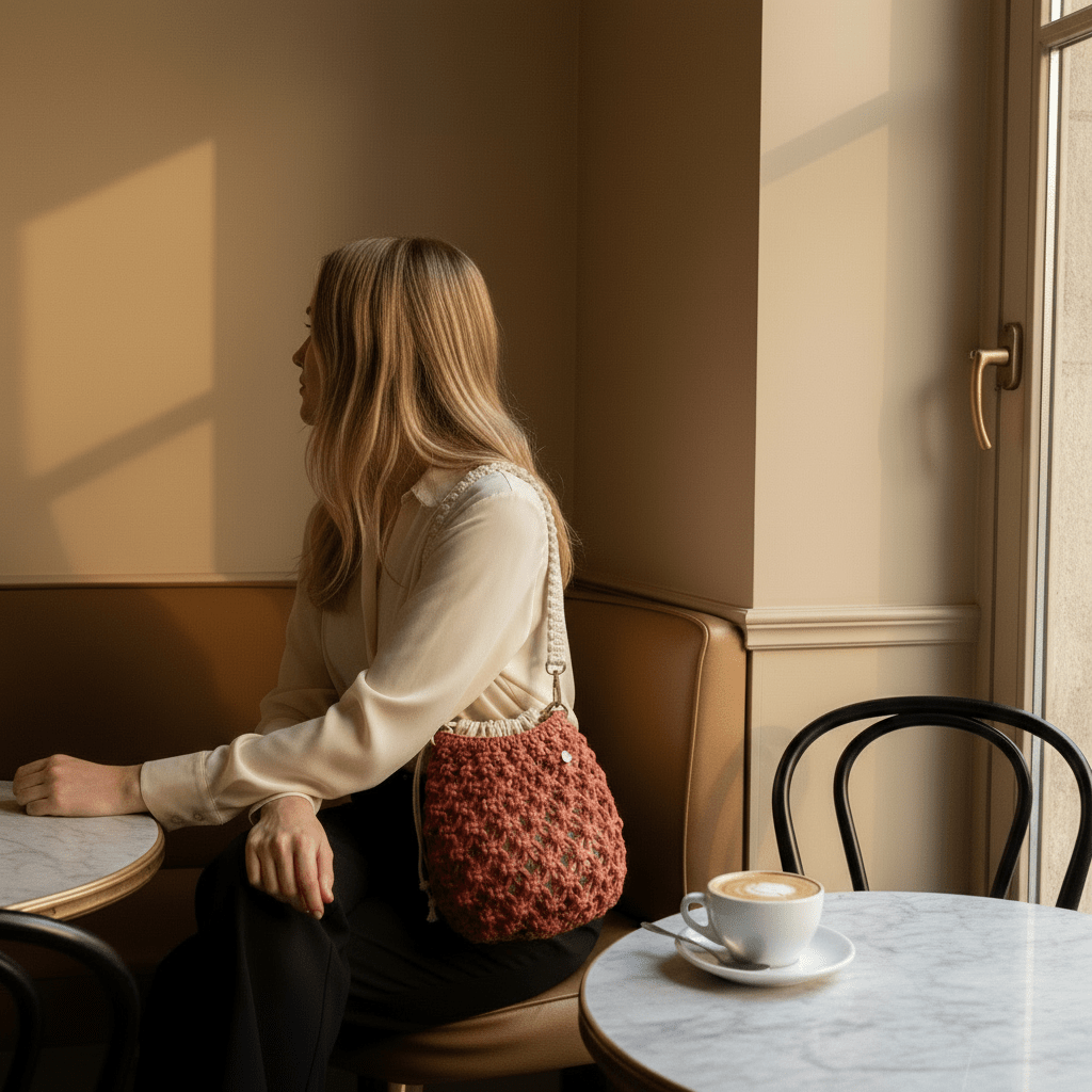 Woman sitting in a cafe with a textured macrame basket net bag by Flora Street Atelier and a cup of coffee.