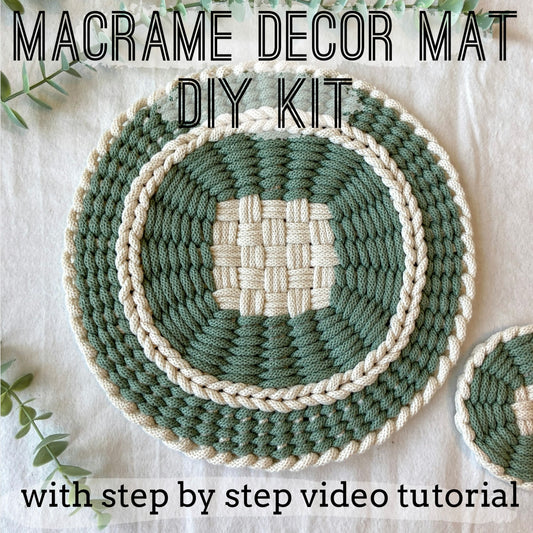 Macrame decor mat DIY kit by Flora Street Atelier with green and beige colors on a light background