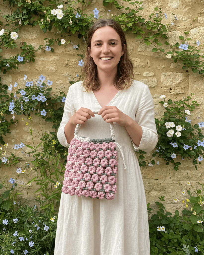Woman holding a pink textured macrame flower bag against a stone wall with flowers