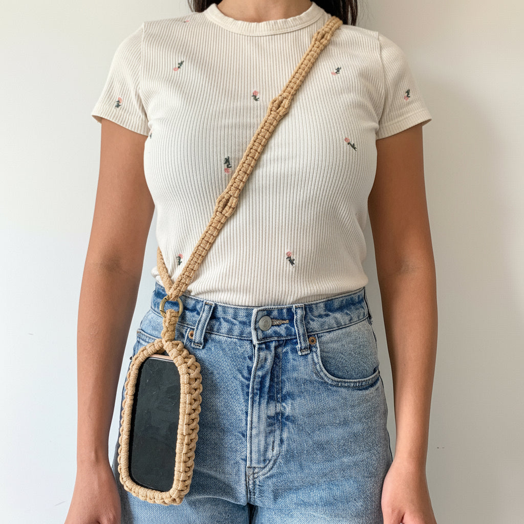 Person wearing a white shirt with embroidered designs and blue jeans, holding a beige phone lanyard.