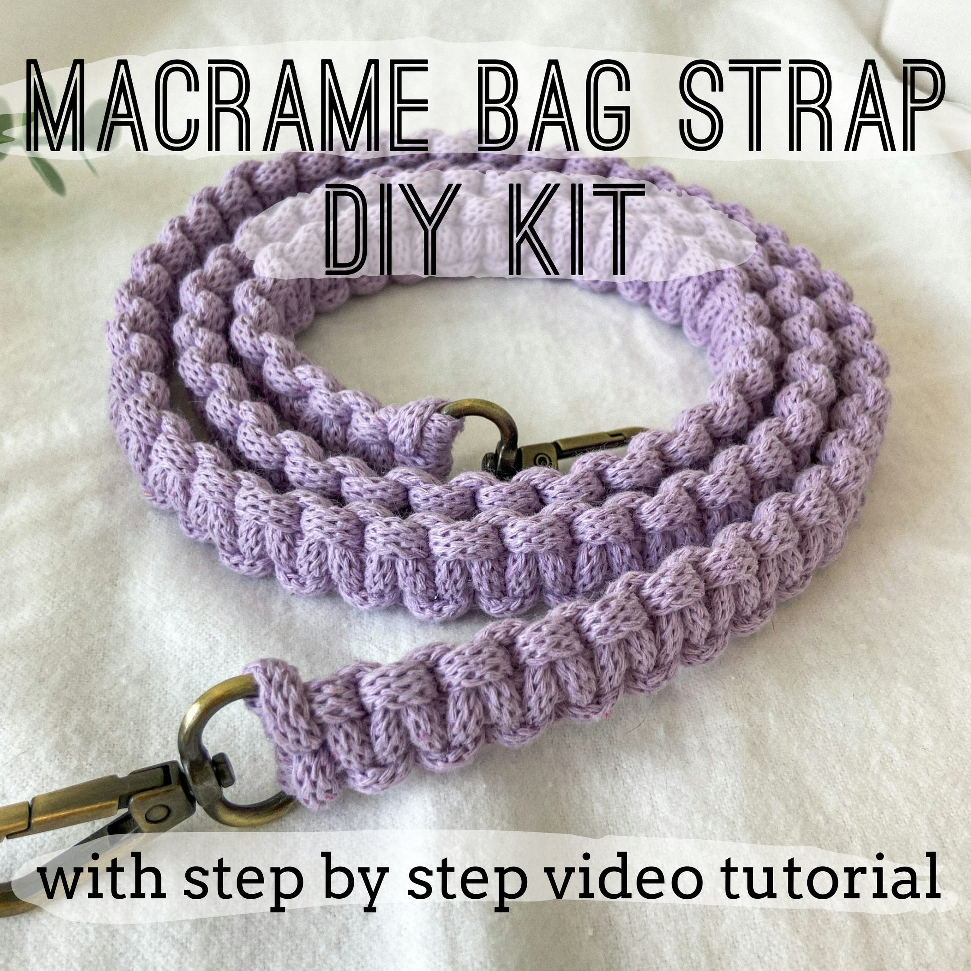 Macrame bag strap DIY kit with gold hardware on a white background