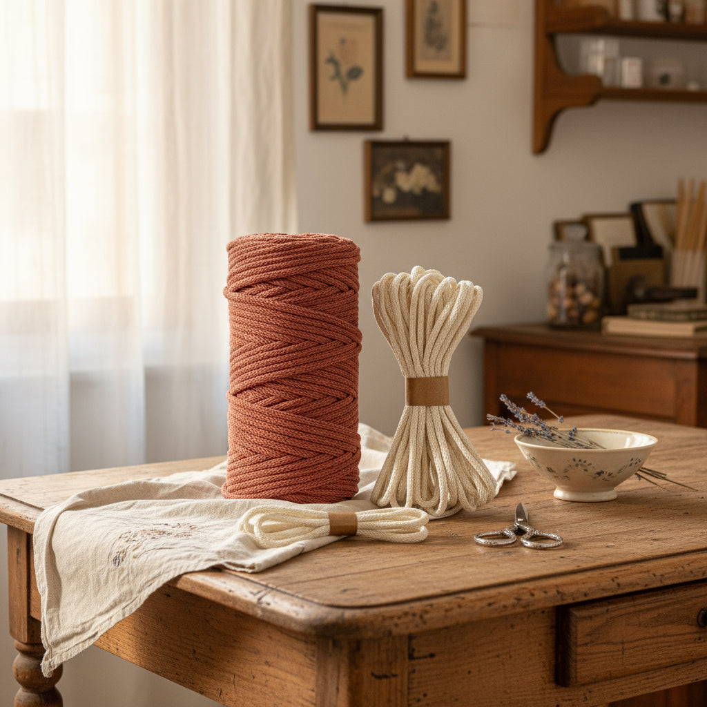 Beginner macrame basket DIY kit with recycled cotton cord and handmade by Flora Street Atelier, crafted in Canada with recycled cotton
