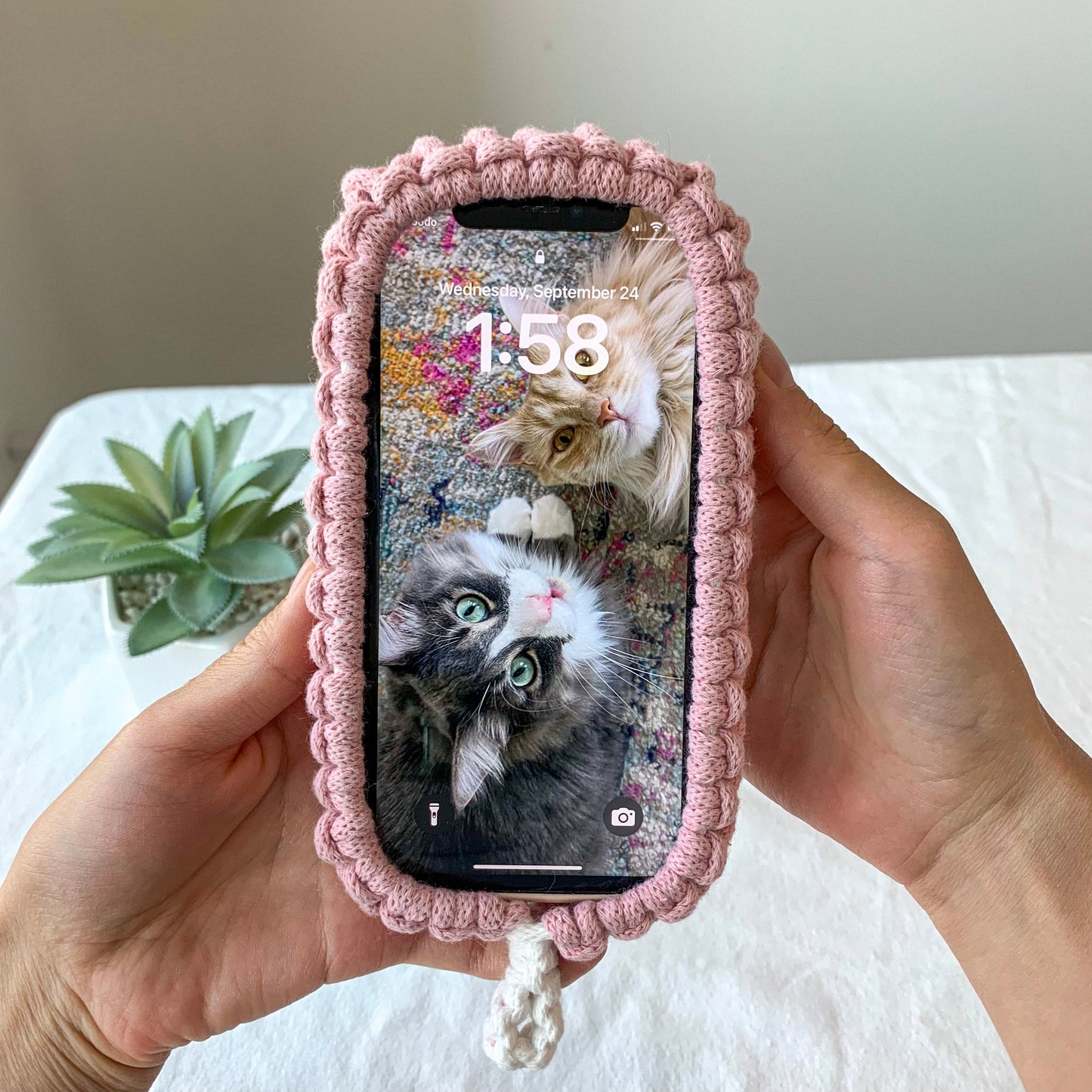 Phone case with cat design held by a hand, with a plant in the background
