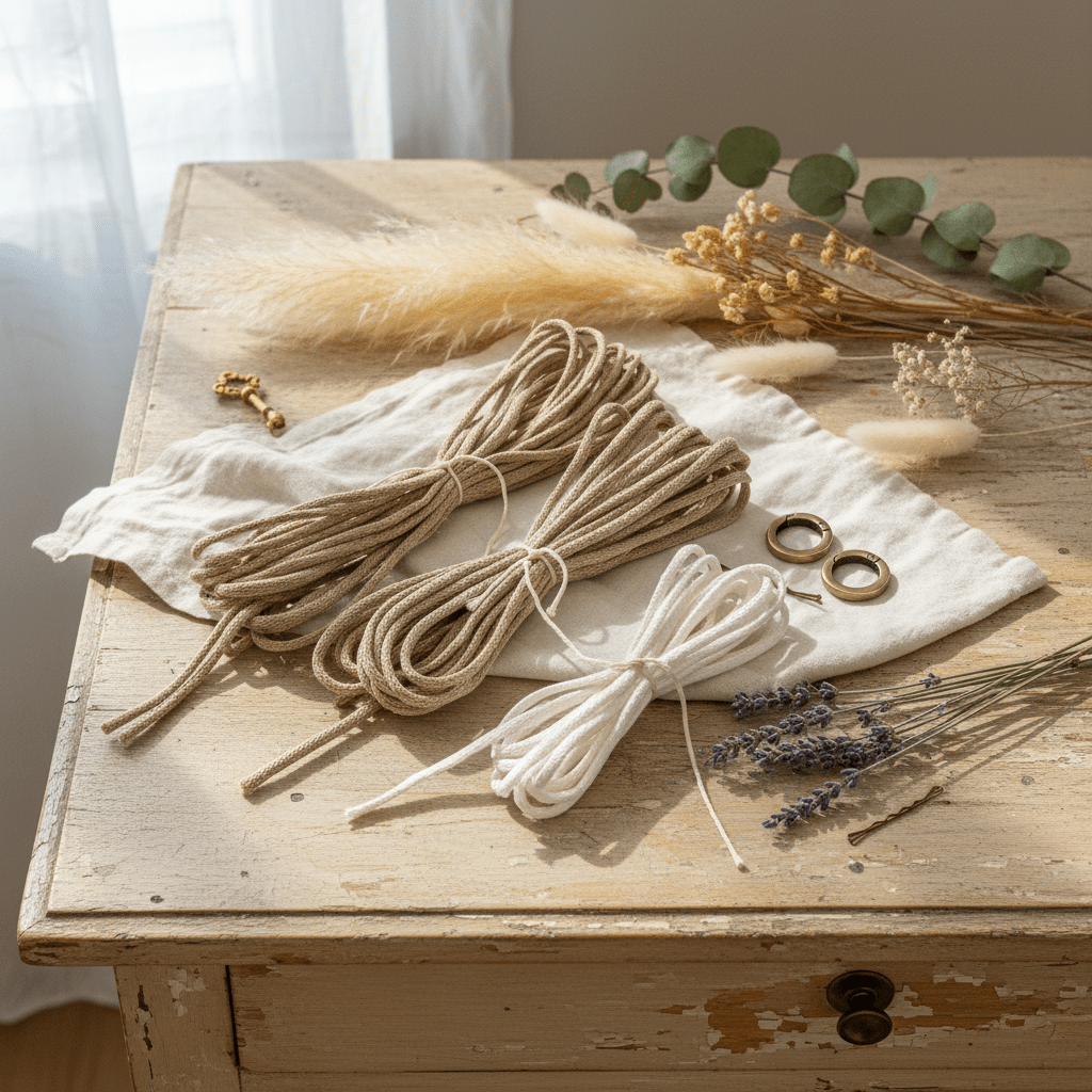 Beige and white ropes on a wooden surface with dried plants and lavender.diy kit from flora street atelier
