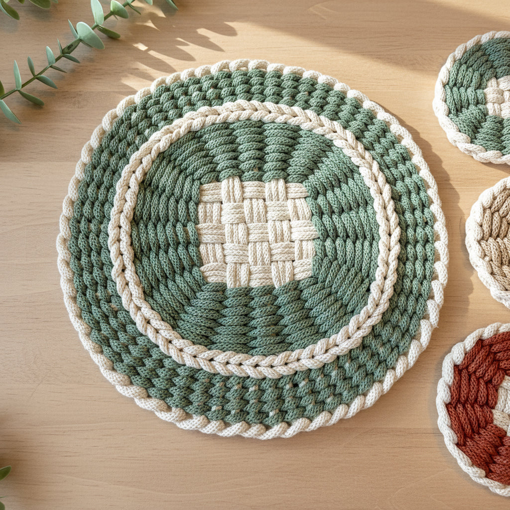 Set of woven macrame coasters and table mat in green and beige on a light background