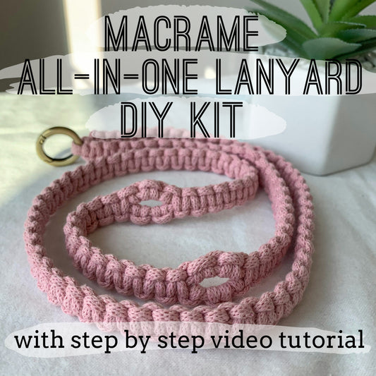 Pink macrame lanyard DIY kit with text overlay on a light background
