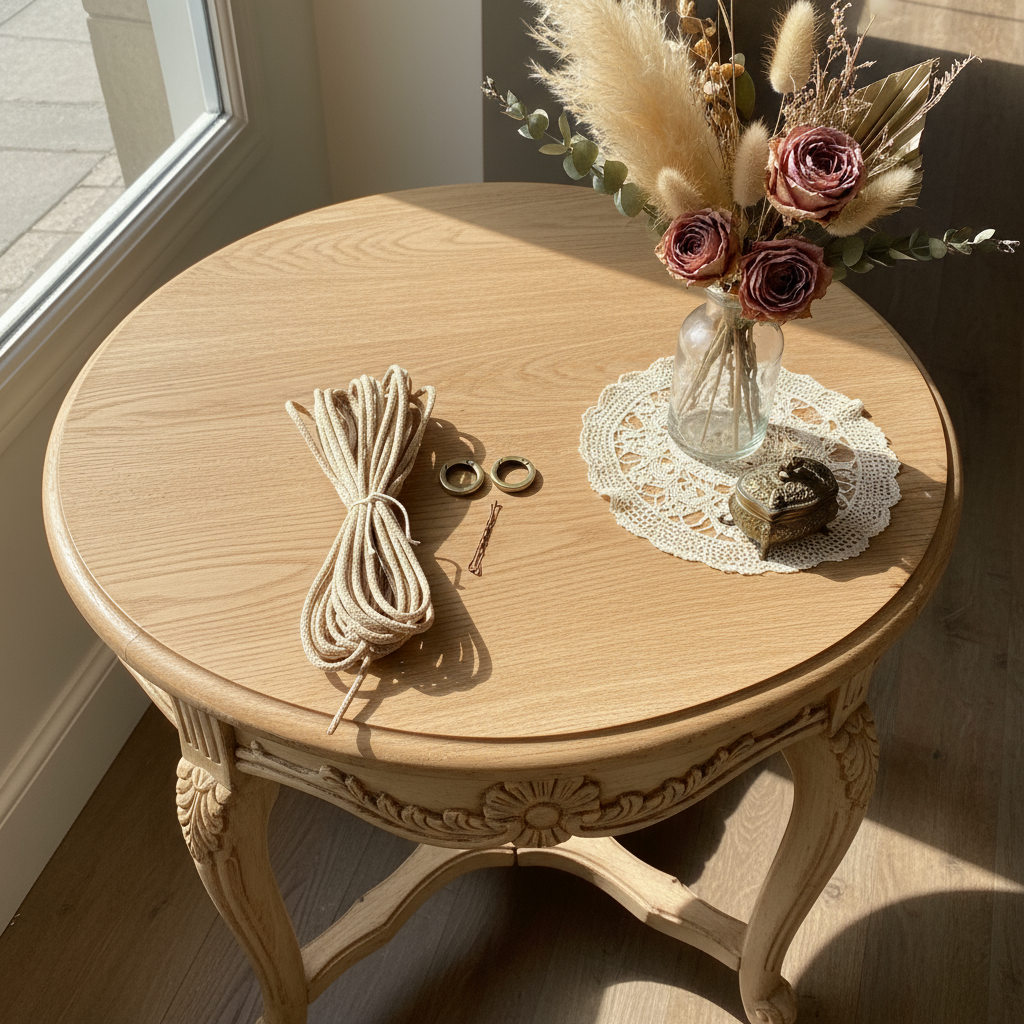 Round wooden table with decorative items including a vase of flowers, keys, and macrame cord.
