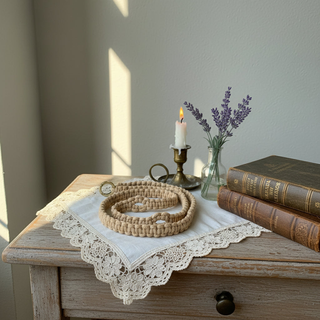 Sand colour macrame lanyard a white surface with a plant in the background