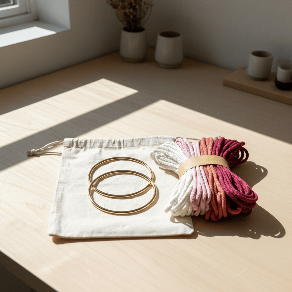 White drawstring bag with gold rings and a bundle of colorful macrame cords on a wooden surface.