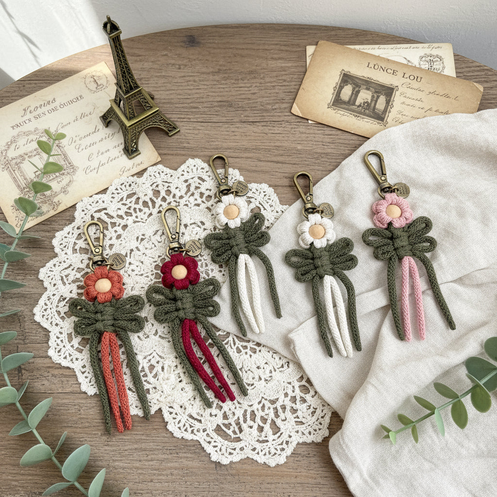 macrame flower keychains on french boutique tabletop